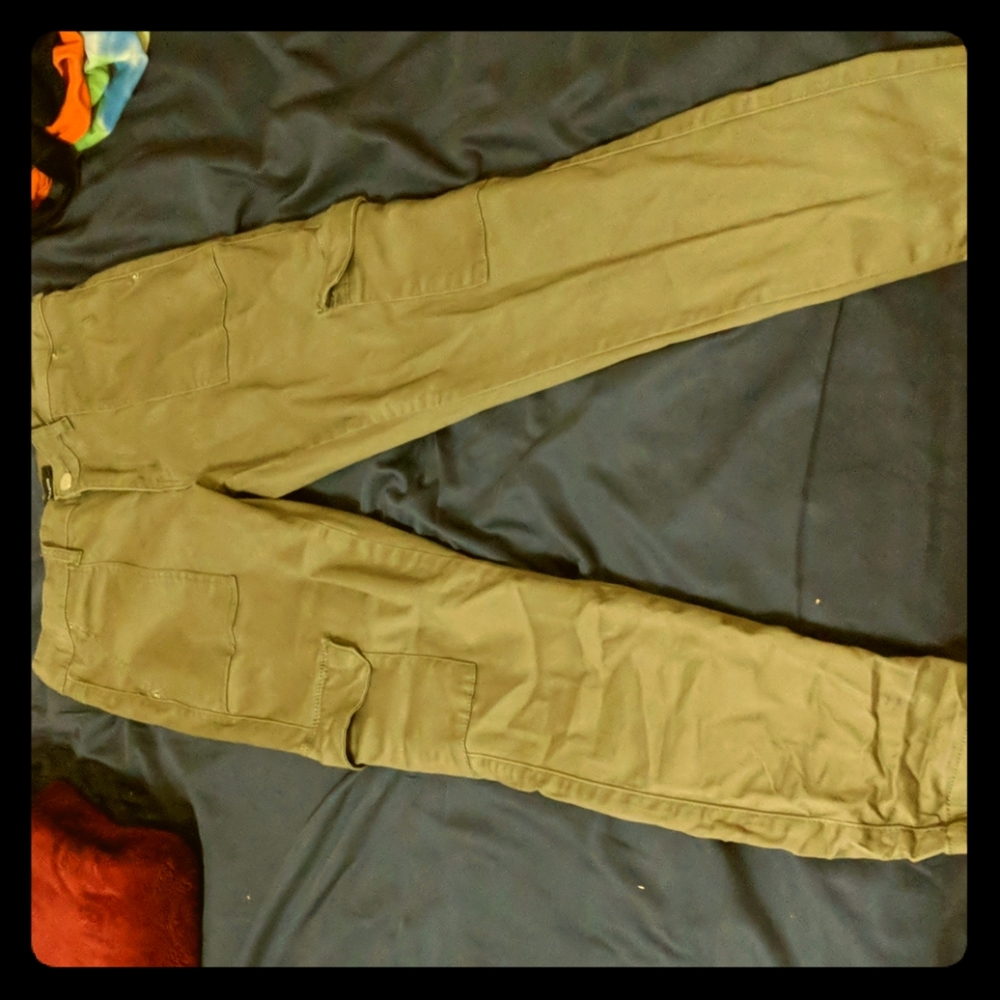 olive green skinny cargo style pants